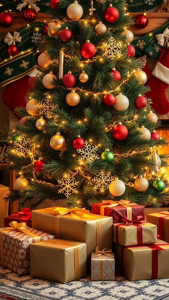 A decorated Christmas tree with gifts and a cozy fireplace, embodying the spirit of the holiday season.